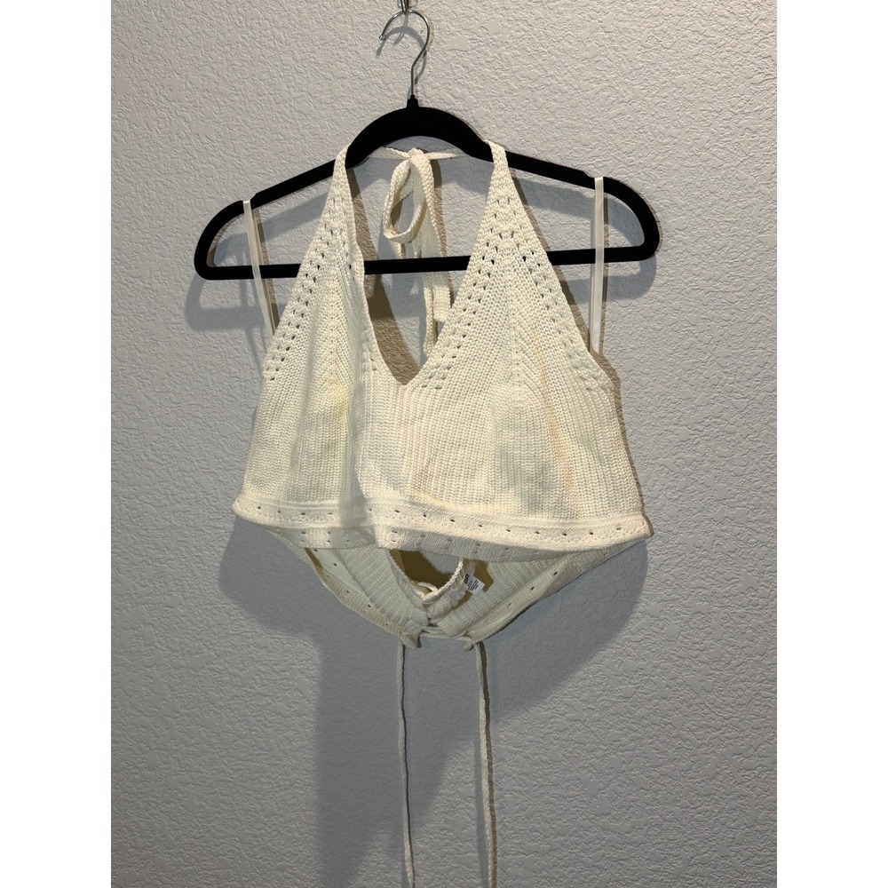 BP Cream Knit Halter Crop 2X Lace Up Back Boho Festival Cottagecore Sweater Tank